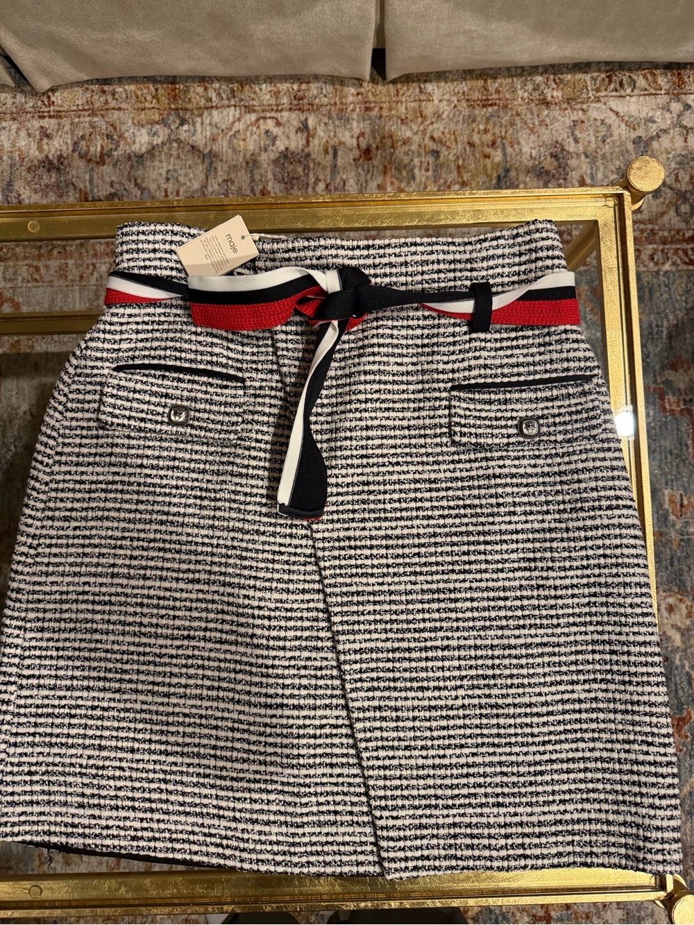 Maje Black and White Tweed Skirt with Ribbon Waist